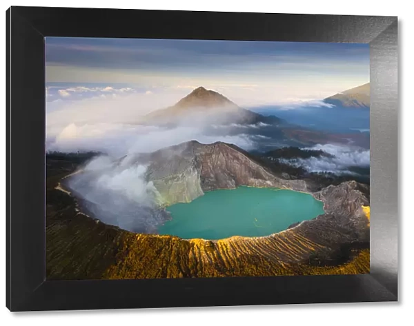 Aerial view of Misty Volcano of Kawah Ijen crater in East Java