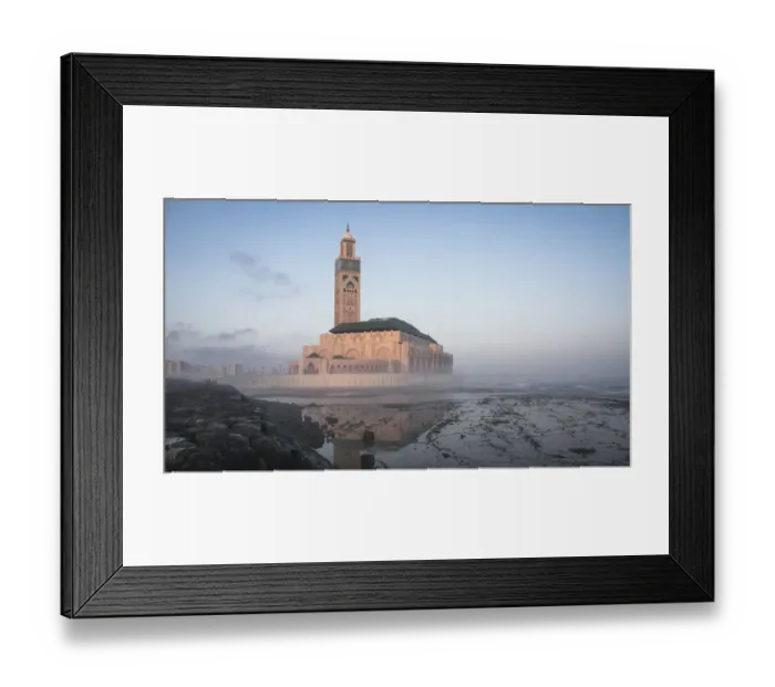 Framed Print : Hassan II Mosque at morning fog reflected on wetland along coastline Framed Print : Hassan II Mosque at morning fog reflected on wetland along coastline
