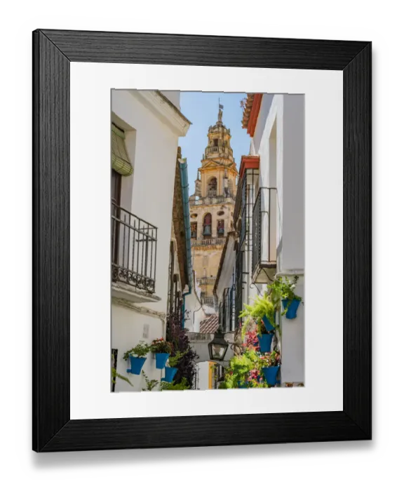Framed Print : Calleja de las Flores and Old Torre del Alminar Bell Tower, Mezquita, Cordoba, Andalusia Framed Print : Calleja de las Flores and Old Torre del Alminar Bell Tower, Mezquita, Cordoba, Andalusia