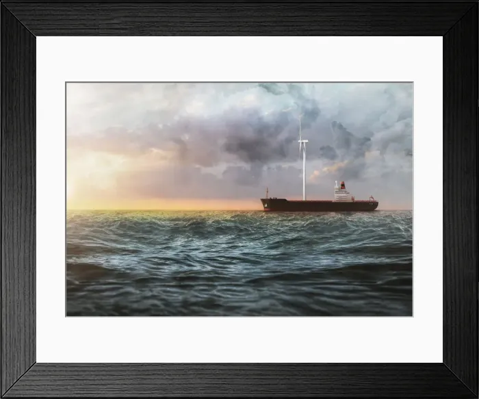 Framed Print : Cargo ship on the sea with a giant wind turbine on the deck Framed Print : Cargo ship on the sea with a giant wind turbine on the deck