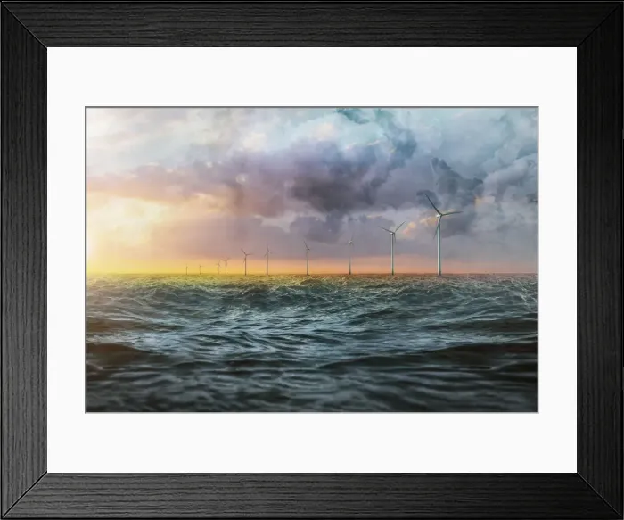 Framed Print : Groupf of wind turbines on the sea at sunset Framed Print : Groupf of wind turbines on the sea at sunset