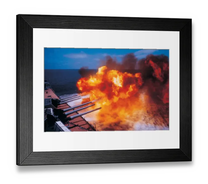 Framed Print : Turret guns firing from Battleship USS Missouri