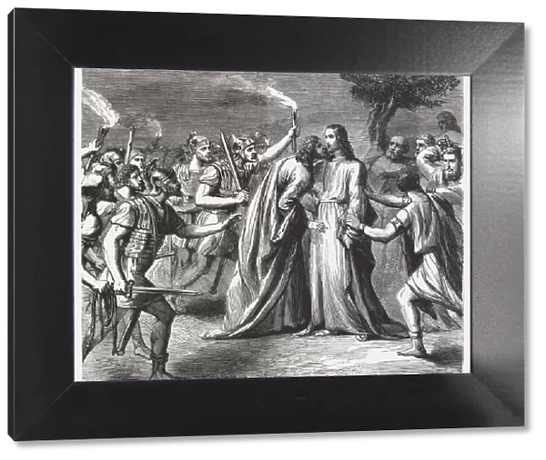 Judas betrays Jesus (Luke 22, 47-48), wood engraving, published 1886