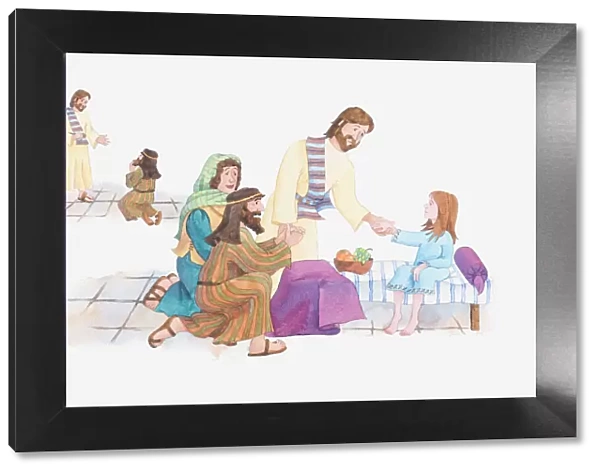 Illustration of a bible scene, Luke 8, Jesus raises a dead girl