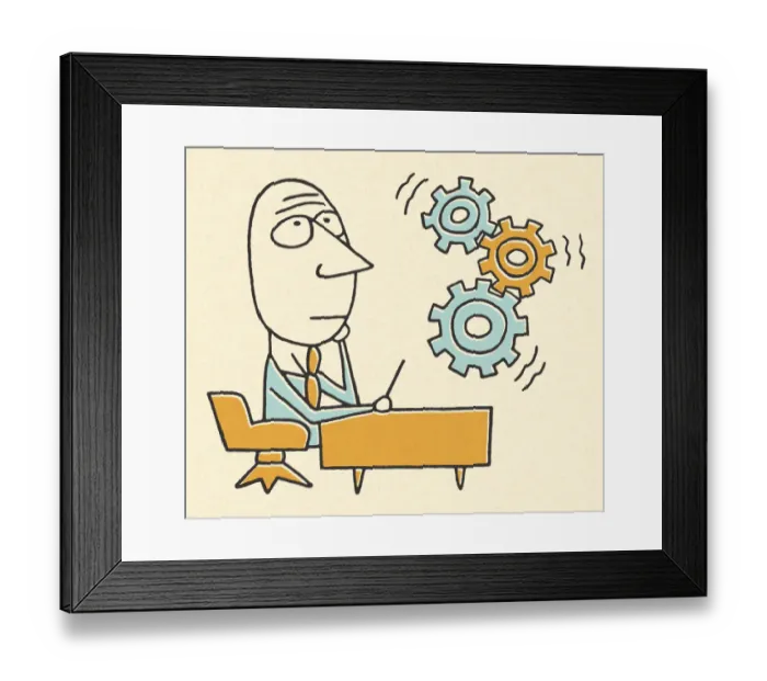Framed Print : Gears Turning and Businessman Sitting at a Desk Framed Print : Gears Turning and Businessman Sitting at a Desk