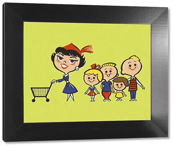 Woman with Shopping Cart and Four Children