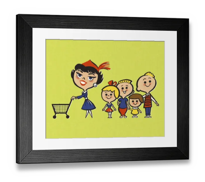 Framed Print : Woman with Shopping Cart and Four Children Framed Print : Woman with Shopping Cart and Four Children