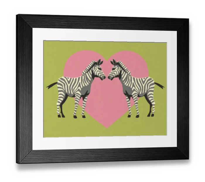 Framed Print : Two Zebras Over a Pink Heart Framed Print : Two Zebras Over a Pink Heart