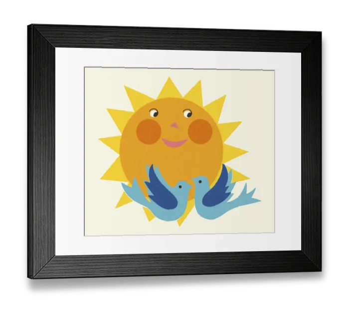 Framed Print : Happy Sun and Two Blue Birds Framed Print : Happy Sun and Two Blue Birds