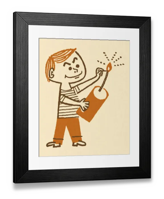 Framed Print : Boy Lighting a Firecracker Framed Print : Boy Lighting a Firecracker
