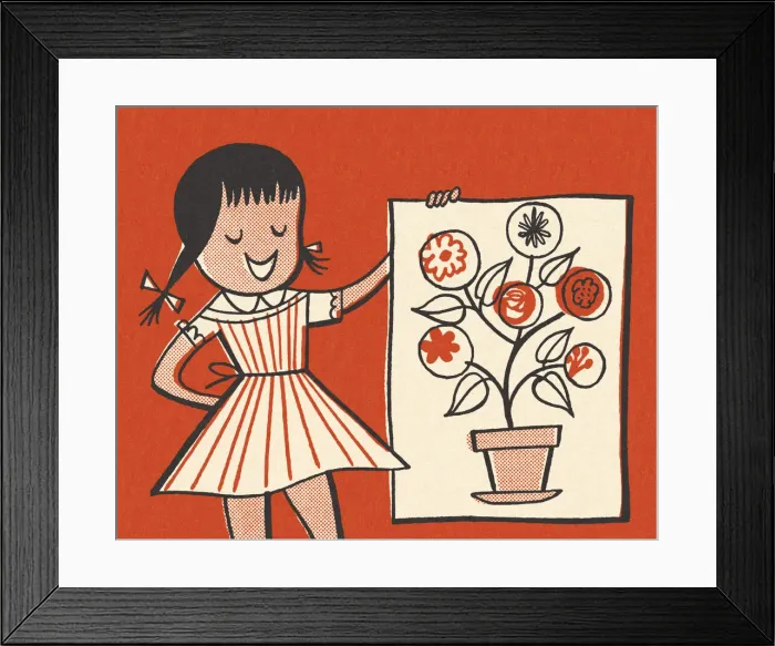 Framed Print : Girl Holding a Poster of Flowers Framed Print : Girl Holding a Poster of Flowers