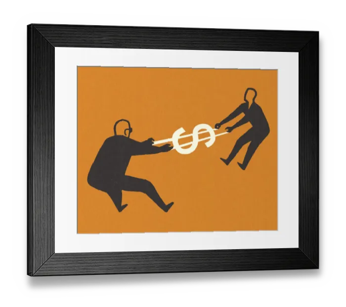 Framed Print : Two Men Pulling on a Dollar Sign Framed Print : Two Men Pulling on a Dollar Sign