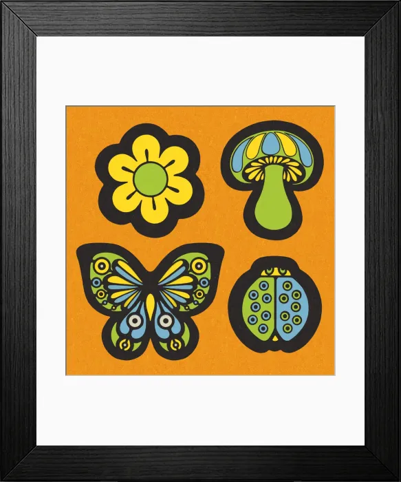 Framed Print : Flower, Mushroom, Butterfly, and Ladybug Framed Print : Flower, Mushroom, Butterfly, and Ladybug