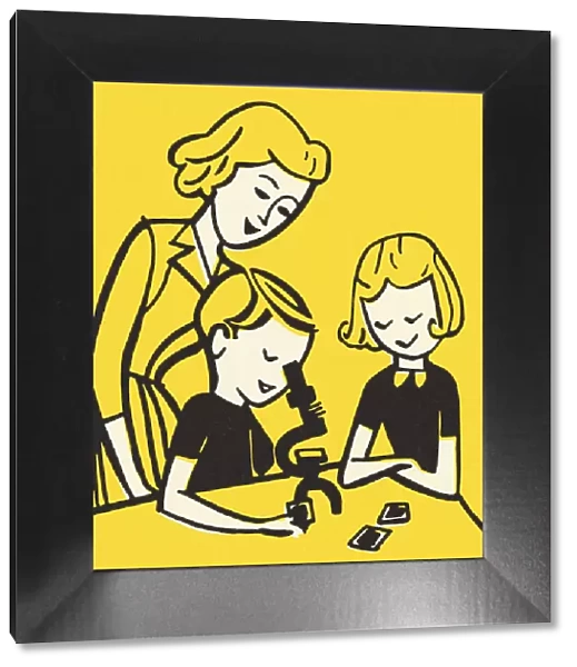 Woman, Girl, and Boy Looking Through a Microscope