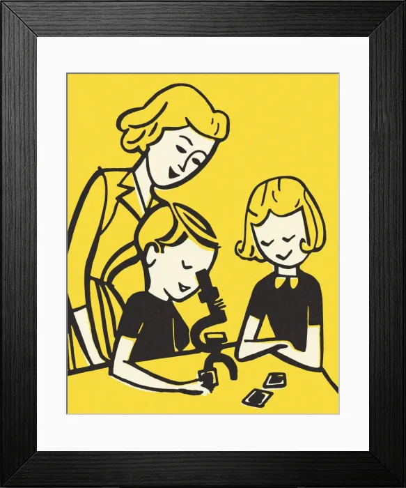 Framed Print : Woman, Girl, and Boy Looking Through a Microscope Framed Print : Woman, Girl, and Boy Looking Through a Microscope