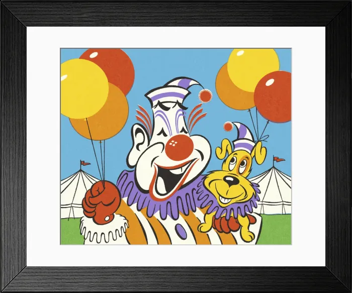 Framed Print : Clown with Circus Dog and Balloons Framed Print : Clown with Circus Dog and Balloons
