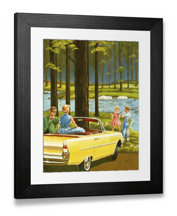 Framed Print : Yellow Convertible Parked by a Stream in the Woods Framed Print : Yellow Convertible Parked by a Stream in the Woods