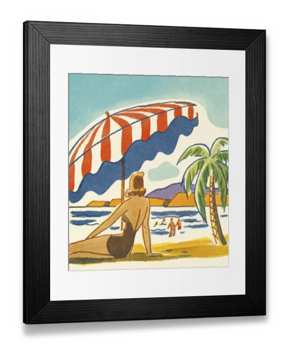 Framed Print : Woman Relaxing Under an Umbrella on the Beach Framed Print : Woman Relaxing Under an Umbrella on the Beach
