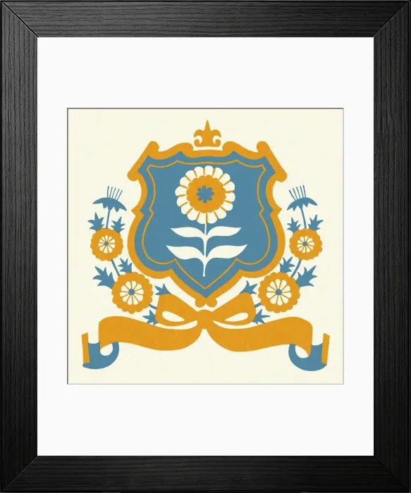 Framed Print : Shield with Flower and a Ribbon