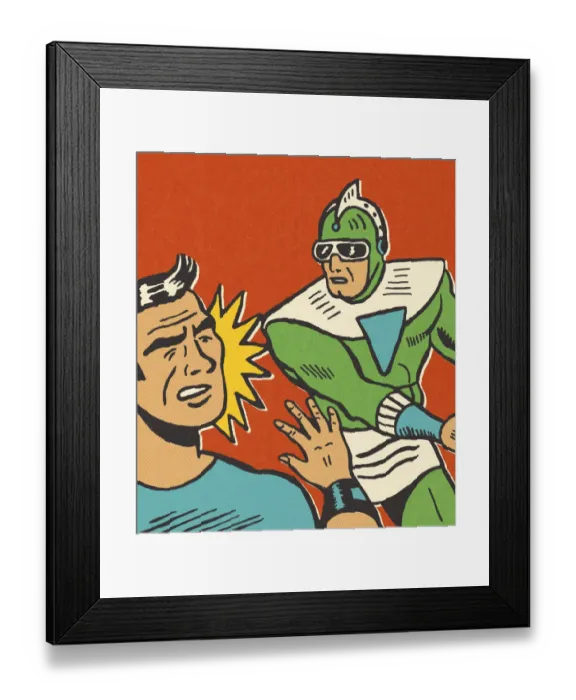 Framed Print : Superhero Hitting a Man Framed Print : Superhero Hitting a Man