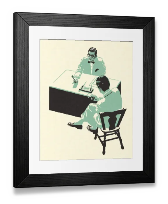Framed Print : Two People Sitting at a Desk Framed Print : Two People Sitting at a Desk