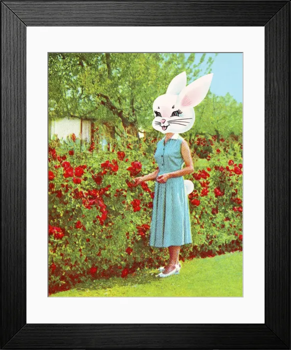 Framed Print : Woman with a Rabbit Head Near a Rose Bush Framed Print : Woman with a Rabbit Head Near a Rose Bush