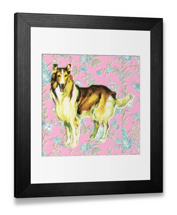Framed Print : Standing Dog and Floral Pink Background Framed Print : Standing Dog and Floral Pink Background