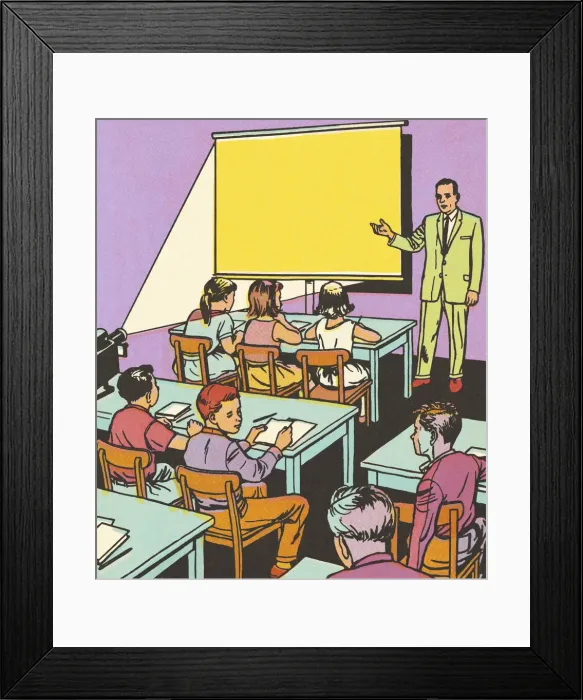 Framed Print : Teacher Showing a Film in a Classroom Framed Print : Teacher Showing a Film in a Classroom
