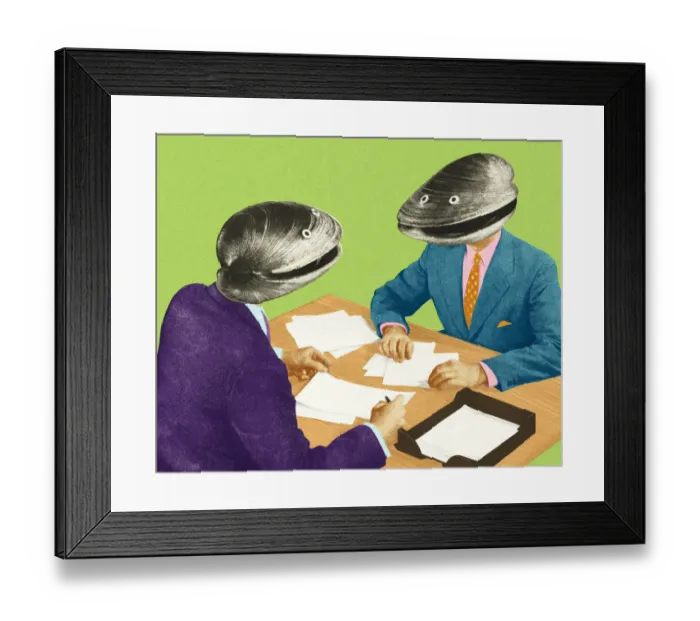 Framed Print : Two Businessmen with Clam Shell Heads Framed Print : Two Businessmen with Clam Shell Heads