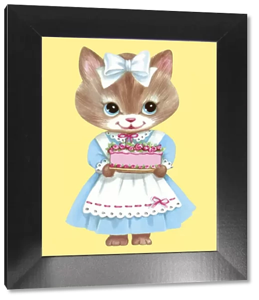 Kitten Wearing a Dress Holding a Cake