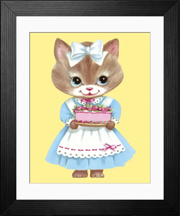 Framed Print : Kitten Wearing a Dress Holding a Cake Framed Print : Kitten Wearing a Dress Holding a Cake