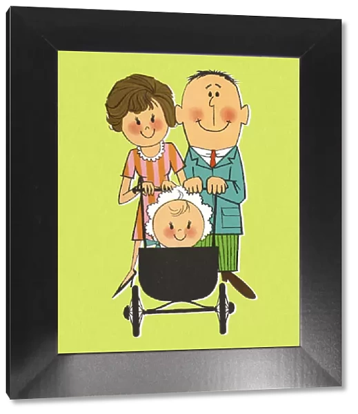 Couple Pushing a Baby in a Stroller