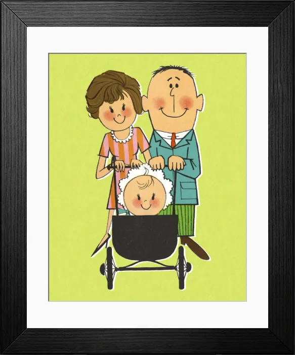 Framed Print : Couple Pushing a Baby in a Stroller Framed Print : Couple Pushing a Baby in a Stroller