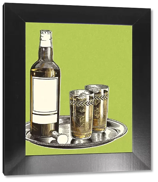 Tray with Two Glasses and a Bottle of Liquor
