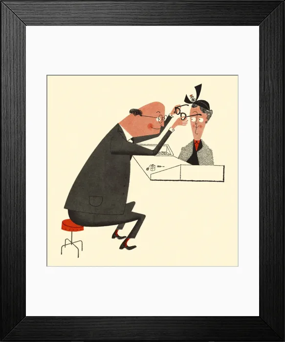 Framed Print : Optometrist Fitting a Woman with Glasses Framed Print : Optometrist Fitting a Woman with Glasses