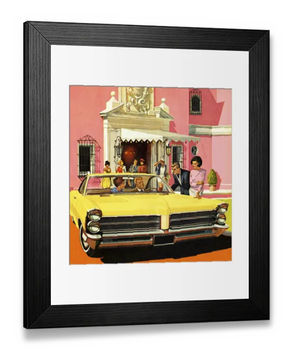 Framed Print : Classic Yellow Car and Happy People Framed Print : Classic Yellow Car and Happy People