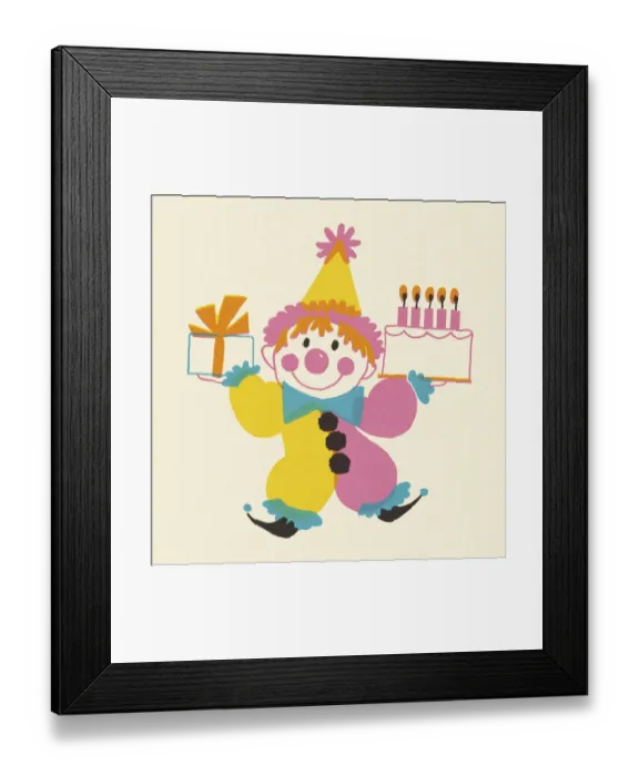 Framed Print : Clown Holding a Birthday Cake and Present Framed Print : Clown Holding a Birthday Cake and Present