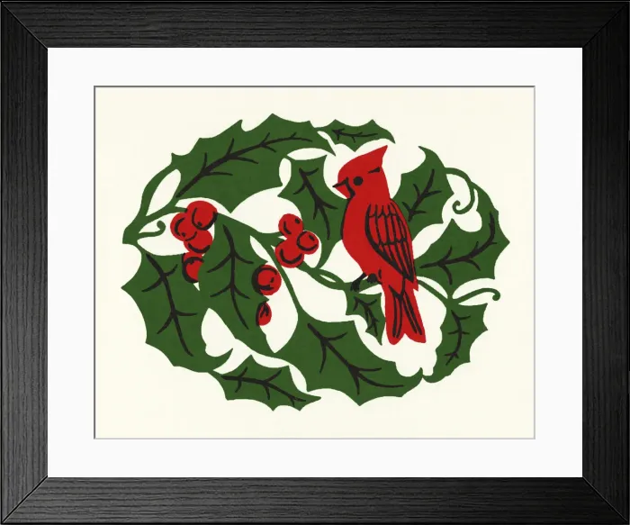 Framed Print : Holly Berries, Leaves, and a Cardinal