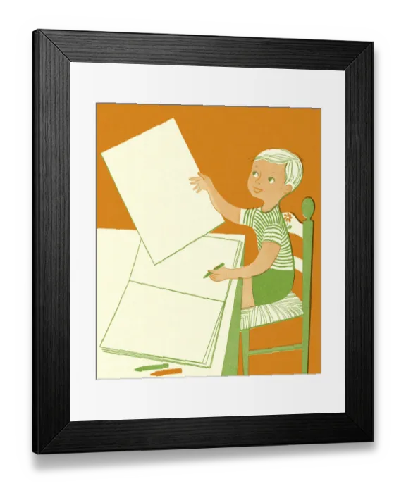 Framed Print : Boy Sitting at a Table with Notepad Framed Print : Boy Sitting at a Table with Notepad