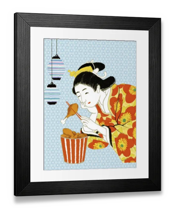 Framed Print : Geisha Eating Fried Chicken Framed Print : Geisha Eating Fried Chicken