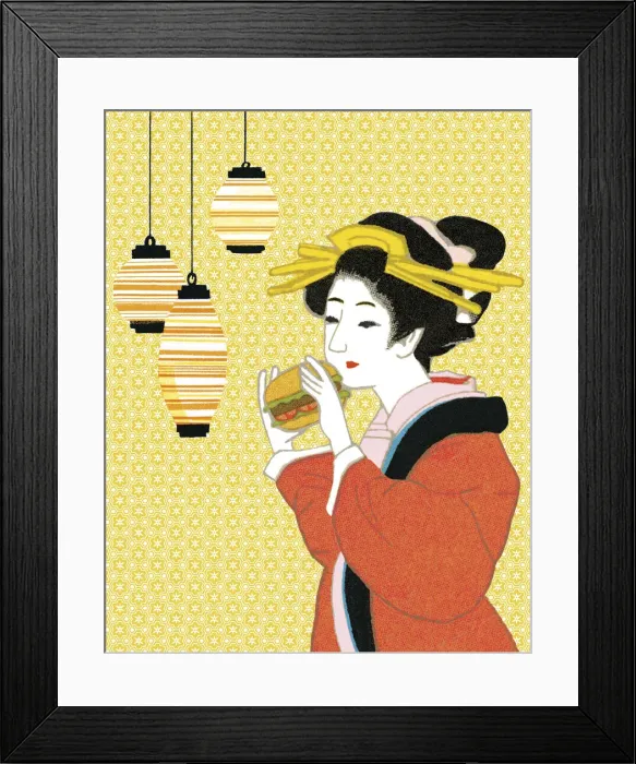 Framed Print : Geisha Eating a Hamburger Framed Print : Geisha Eating a Hamburger