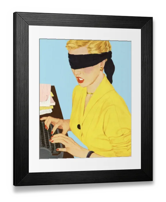 Framed Print : Blindfolded Woman at a Typewriter Framed Print : Blindfolded Woman at a Typewriter