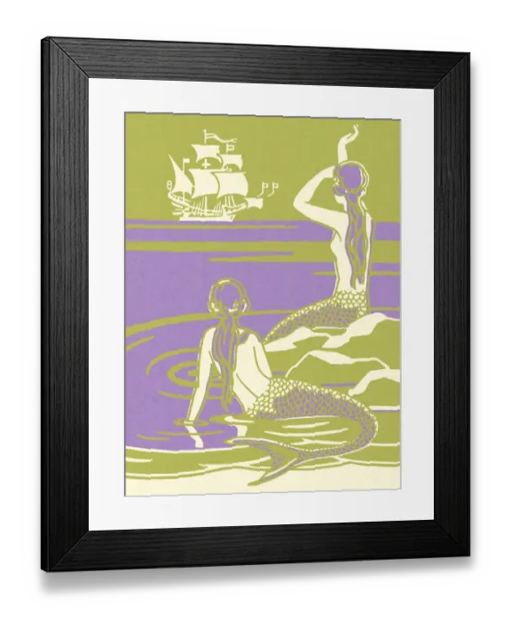 Framed Print : Two Mermaids Looking at a Pirate Ship Framed Print : Two Mermaids Looking at a Pirate Ship