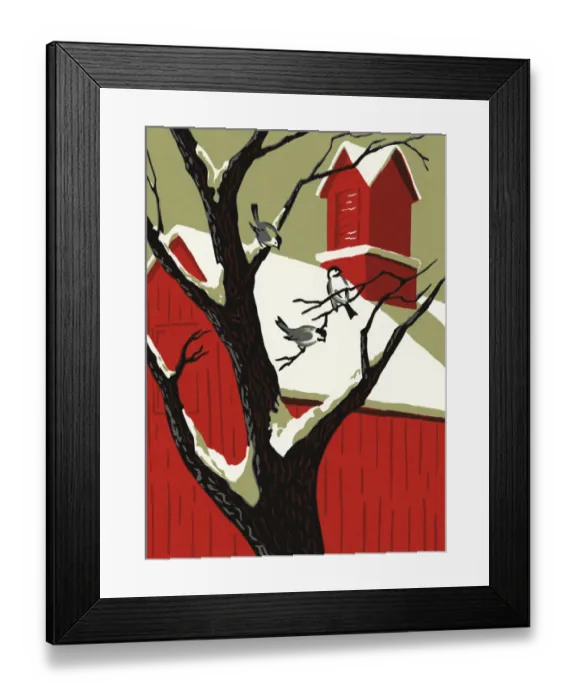 Framed Print : Red Barn and a Tree in Winter Framed Print : Red Barn and a Tree in Winter