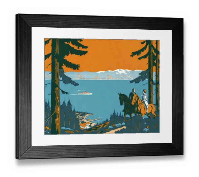 Framed Print : Two People on Horseback Overlooking a Lake Framed Print : Two People on Horseback Overlooking a Lake