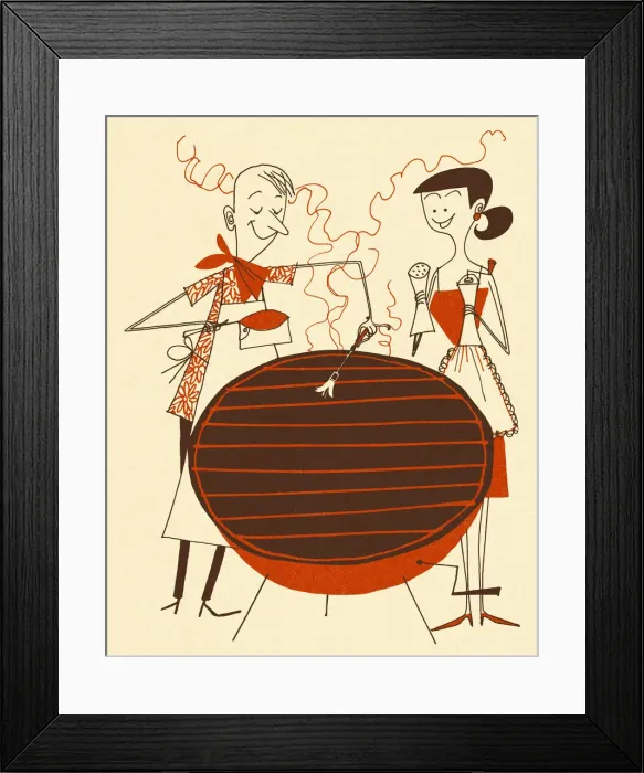 Framed Print : Man and Woman Preparing a Grill Framed Print : Man and Woman Preparing a Grill