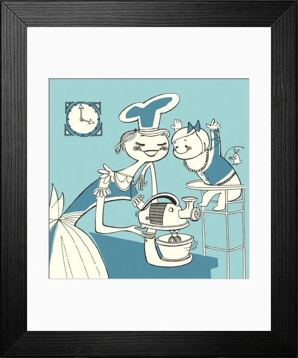 Framed Print : Mother Using a Mixer While Child Watches in Highchair Framed Print : Mother Using a Mixer While Child Watches in Highchair