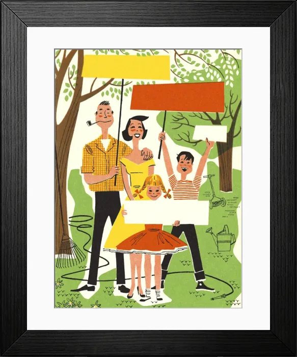 Framed Print : Family of Four Holding Up Signs Framed Print : Family of Four Holding Up Signs