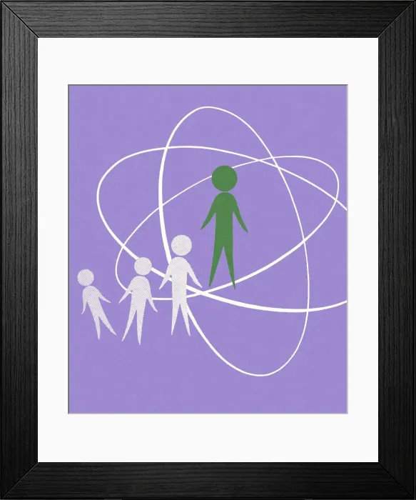 Framed Print : Four Figures of People and an Atomic Symbol Framed Print : Four Figures of People and an Atomic Symbol