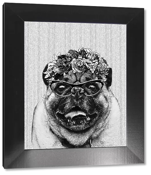 Hipster Pug Dog Illustration With Floral Crown And Glasses